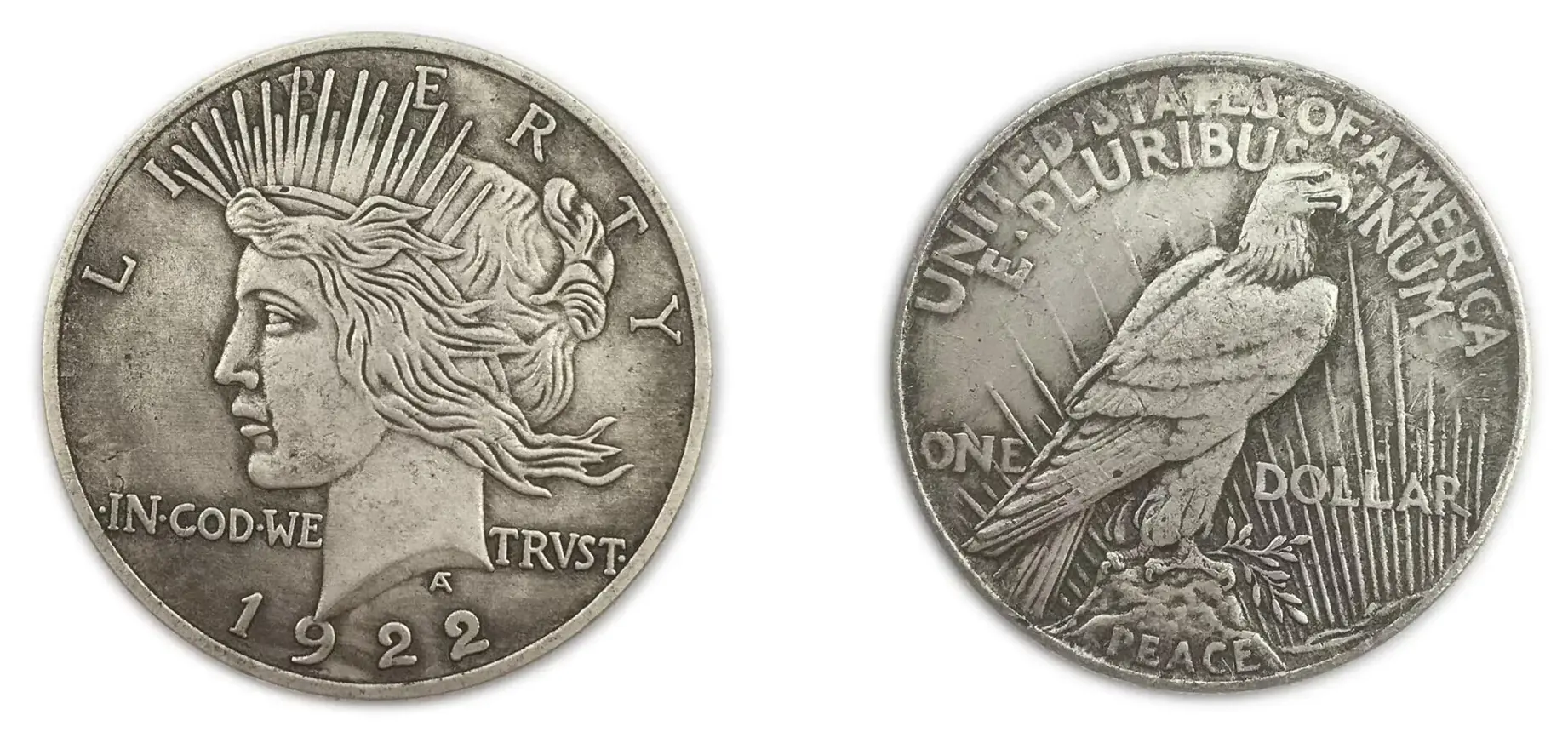 the picture of 1922 Liberty Silver Dollar with an error in "In God We Trust" 